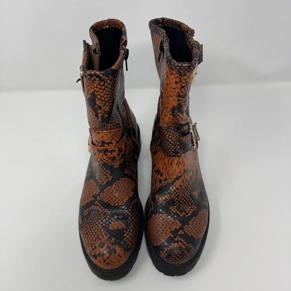 Asos Design Womens Snake Print Buckle Moto Boots Brown Black Chunky Heel Size 8 - Picture 3 of 11